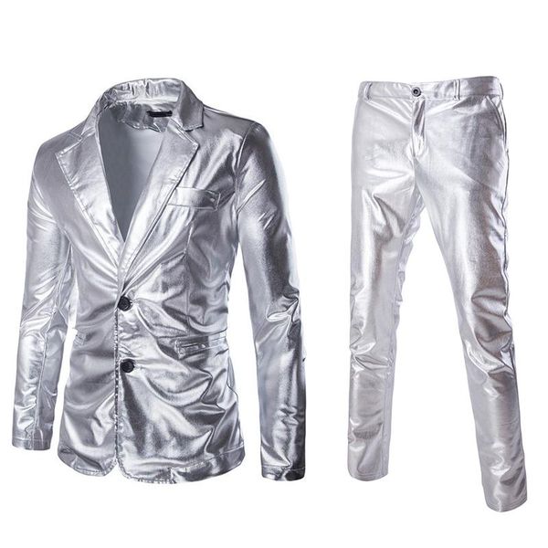 

men's suits & blazers fashion reflective fabric two piece suit male autumn plus size shiny silver casual set men slim fit blazer 2, White;black