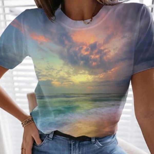 

women's t-shirt creative women t shirt 2021 summer tees ocean landscape print o-neck harajuku streetwear female vintage, White