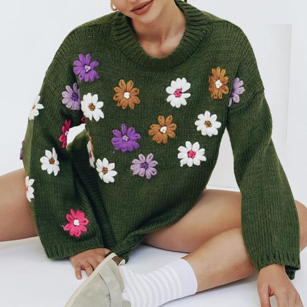 

women's sweaters flower women knitted long sleeve o-neck casual pullovers autumn winter fashion ladies knitwear femme, White;black