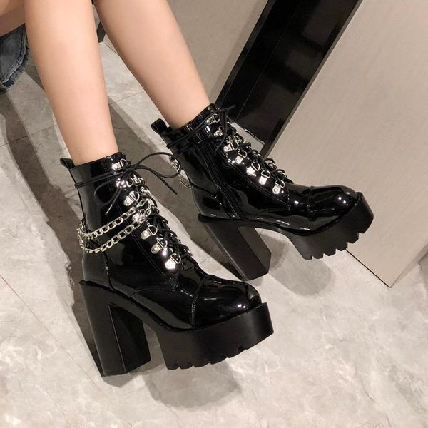 

boots patent leather gothic black women heel chain high platform female punk ankle