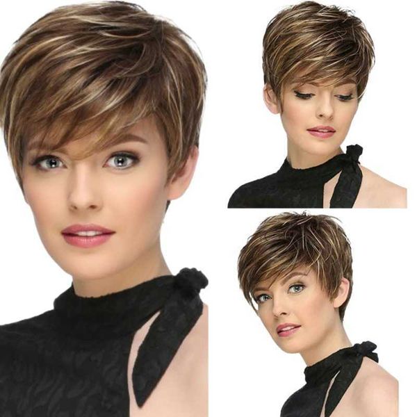

women's short hair oblique bangs wig brown gold intermediate color wig, Black