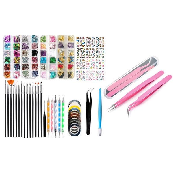 

set 3d nail art decorations kit with pen designer dotting tools & 1 lash tweezers, pink kits