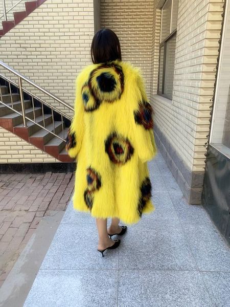 

women's fur & faux 2021 natural real woven coat outwear long, Black