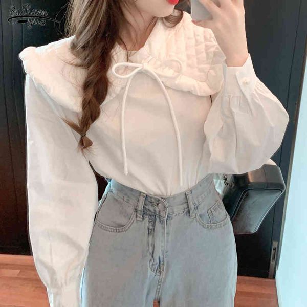 

vintage casual elegant solid long sleeve korean style bow loose blouses soft waxy cotton doll collar sweet shirt 12634 210521, White