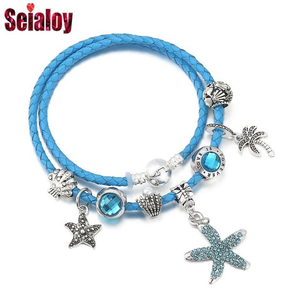 

charm bracelets bohemia ocean style leather for women men scallop crystal beads starfish pendant tree bracelet boy girls gifts, Golden;silver