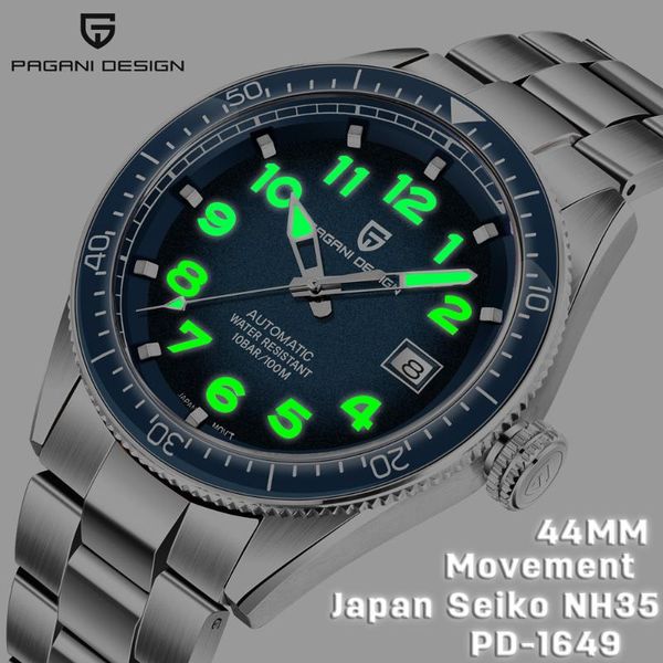 

wristwatches pagani design brand business ceramic bezel diving men watch stainless steel luminous 100m waterproof mechanical nh35 clock, Slivery;brown