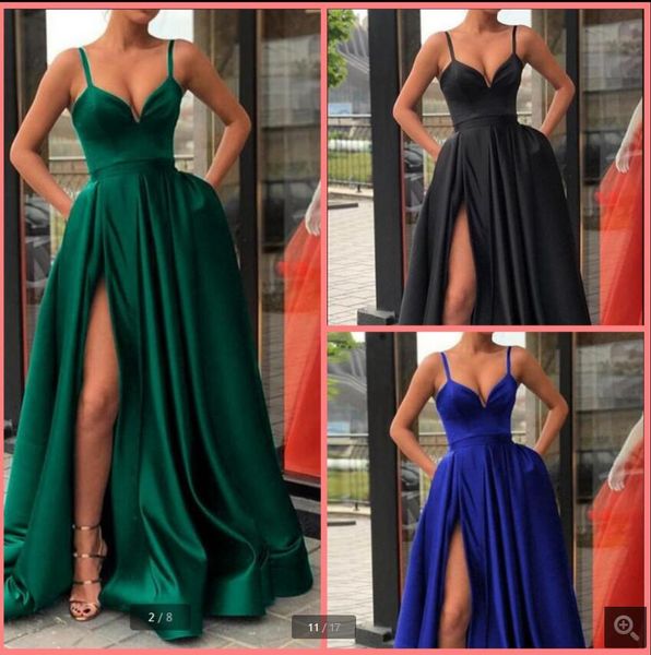 

vestido de festa royal blue satin a line prom dresses spaghetti straps v neckline simple floor length party dress with split elegant red car, Black