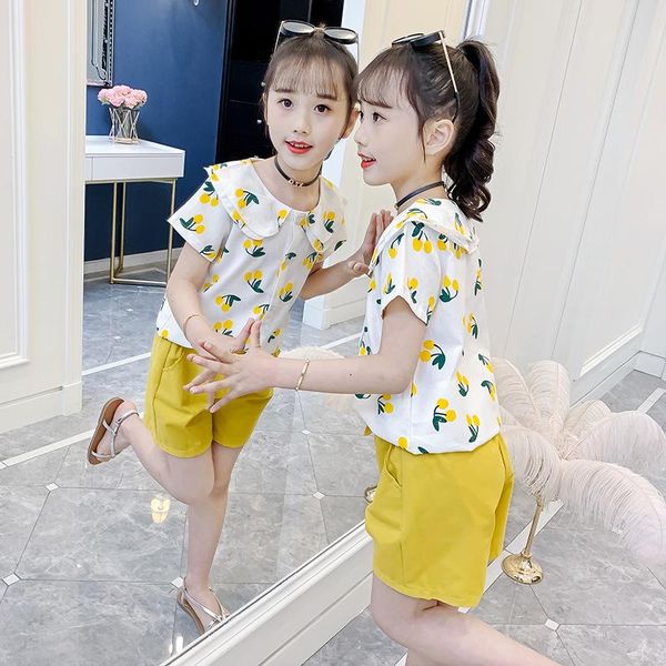 

kids tracksuit for girls clothing sets summer clothes lapel print short sleeve + shorts 2 pcs suits children outfits, White