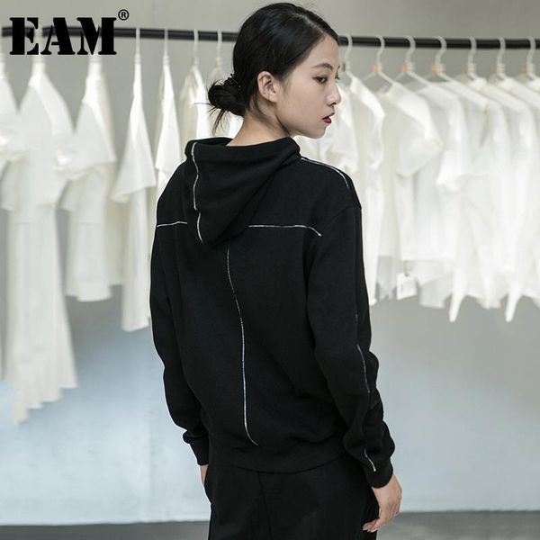 

women's hoodies & sweatshirts [eam] loose fit black split drawstring sweatshirt round neck long sleeve women big size fashion spring au