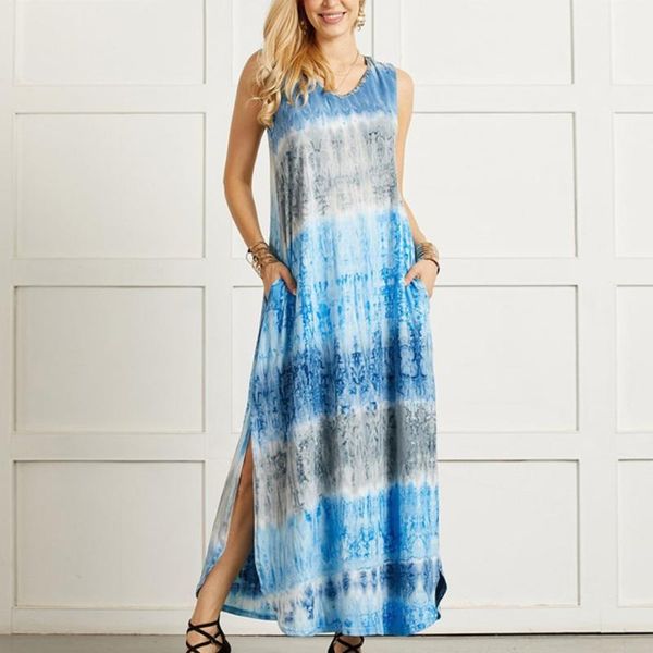

casual dresses women's tie-dye print split dress vintage irregular hem v-neck sleeveless long beach party vestidos, Black;gray