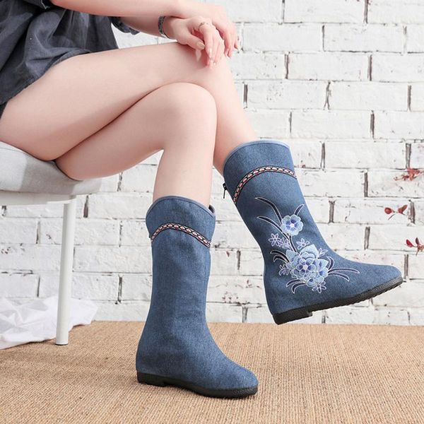 

boots 2021 women mid-calf height increasing round toe ladies shoes modern denim embroidered flowers western cowboy, Black