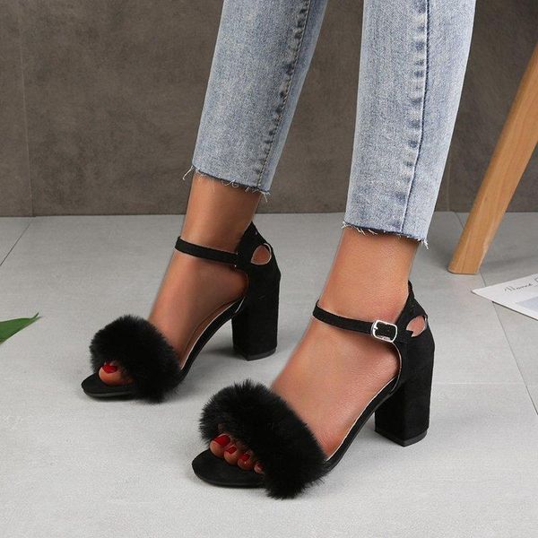 

summer open toe shallow mouth large size buckle hair high heel ladies sandals dress shoes, Black