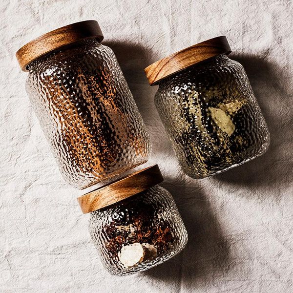 

storage bottles & jars kitchen hammered transparent high borosilicate glass acacia wooden lid dried fruit tea grains sealed