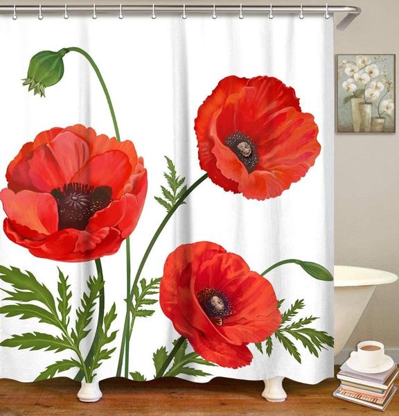 

shower curtains poppy curtain red floral fabric bathroom flowers home decoration set with hooks machine washable