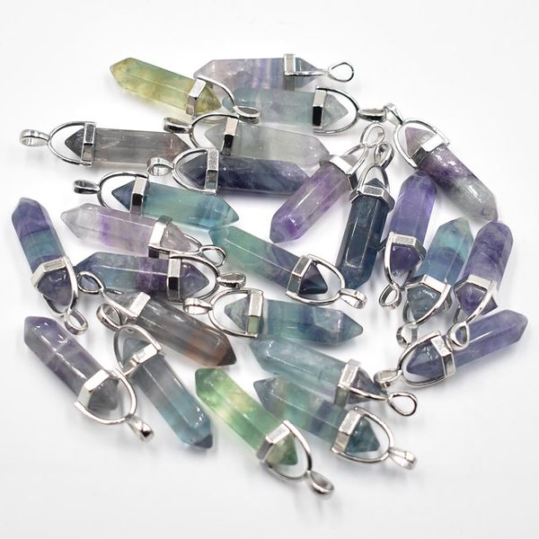 

wholesale fashion good quality natural fluorite stone pillar charms point chakra pendants for jewelry making, Bronze;silver