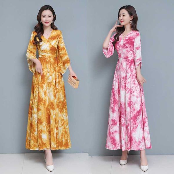 

summer fashion floral print slim a-line dress elegant ladies maxi v-neck three quarter sleeve chiffon es 210531, Black;gray