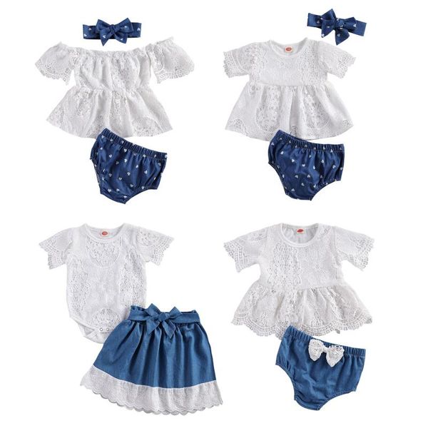 

clothing sets princess baby girls 0-24m clothes lace flowers print short sleeve t shirts blue denim shorts/skirts, White