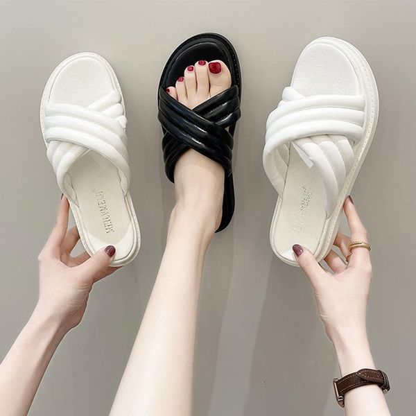 

flat shoes female woman's slippers slides med fashion 2021 soft luxury rome pu basic rubber casual scandals leisure, Black