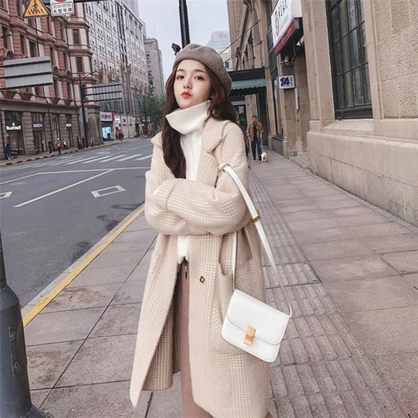 

women's wool & blends spring and autumn mink fleece warm jacket woolen coat mid-length pocket loose lazy knit cardigan turn down collar, Black