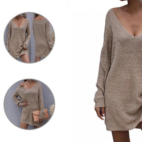 

casual dresses skin-friendly low cut v-neck sweater dress warm pullover knitted for outdoor, Black;gray
