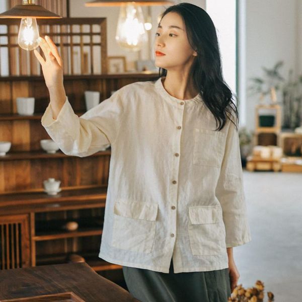 

women's blouses & shirts fairy natural women vintage linen and pockets 2021 long sleeve button casual top, White