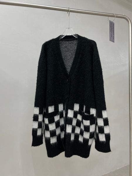 

autumn and winter new chessboard thick mohair cardigan, White
