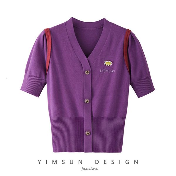 

women's sweaters sweater the same hong kong style embroidery short v-neck knitted cardigan purple daisy half sleeve blouse e7zf, White;black