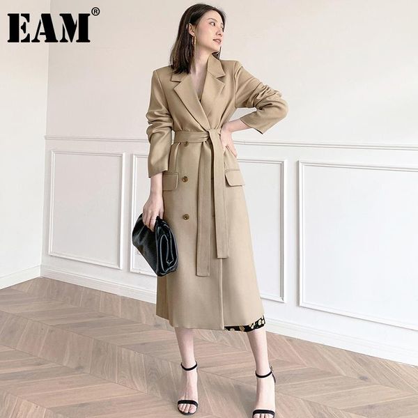 

women's trench coats [eam] women khaki bandage long vintage lapel sleeve loose fit windbreaker fashion spring autumn 2021 1de1722, Tan;black