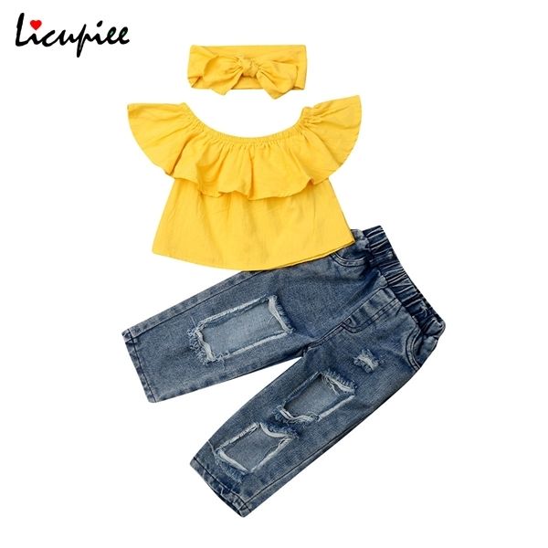 

1-6 years brand 3pcs toddler kids baby girls off shoulder ruffle blouse denim hole pants outfits new fashion summer clothes x0401, White