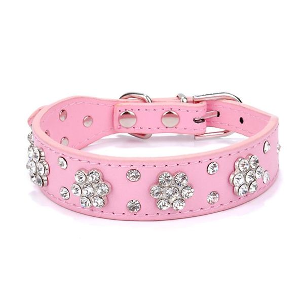 

dog collars & leashes shining plum blossom shape rhinestones pu leather pet collar