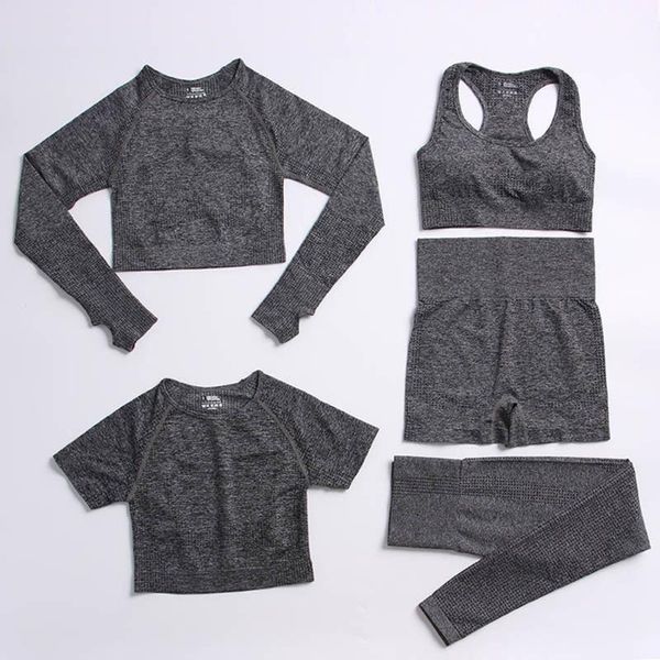 

yoga outfit dark gray seamless set workout sportswear gym clothing fitness long sleeve high waist leggings sports women suits