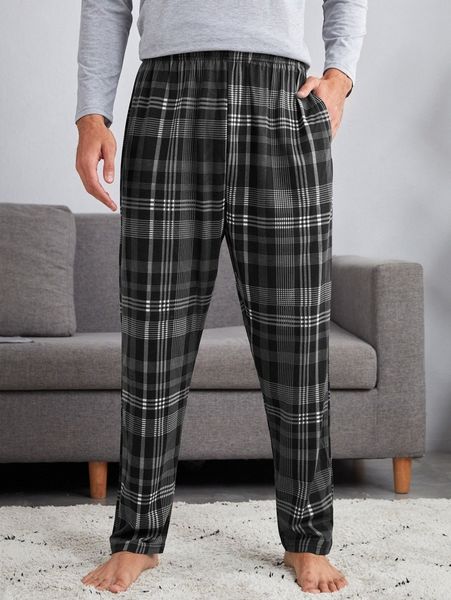 

men plaid print slant pocket pajama pants v6r4#, Black;brown