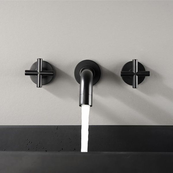 

matte black brass bathroom faucet wall mounted daul handle lavatory basin sink mixing valve included 360 degree rotatabe faucets