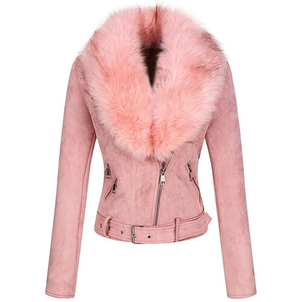 

women's leather & faux giolshon 2021 winter women thick warm suede jacket coat with belt detachable fur collar jackets outwear, Black