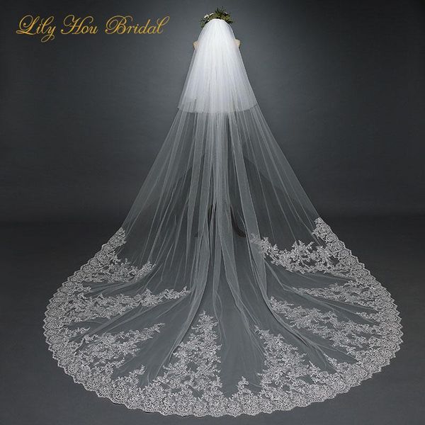 

bridal veils two layers 3.8x3m long wedding sequined lace appliques veil accessories, Black