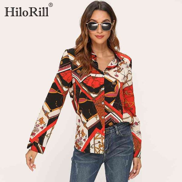 Frauen Kette Print Blusen Lose Casual Langarm Vintage Hemd Drehen Unten Kragen Büro Für Damen Blusas 210508