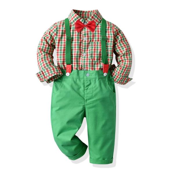 

clothing sets autumn christmas kids baby boys gentleman suit clothes long sleeve plaid long pants+bow tie outfits set, White