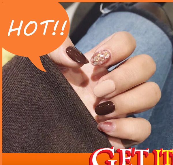 

stylist diy hand decorated nail nina pd-02 naked coffee halo dyed net red false nail patch wear enhancement finished, Red;gold
