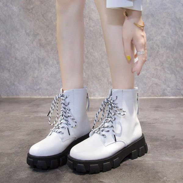 

women ankle boots winter shoes platform round toe lace up 5.5cm heel for woman zip botas 35-40, Black