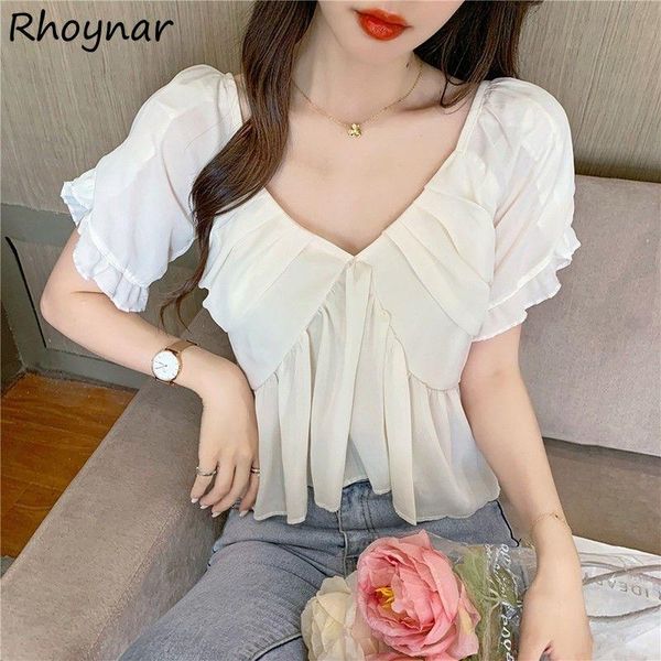 

women's blouses & shirts women tender girls elegant fashion female students classy folds solid all-match casual v-neck butterfly-sleeve, White