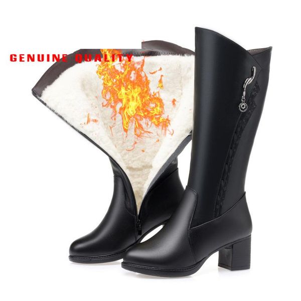 

boots 2021 knee high wool women snow warm genuine leather fur shoes plush ankle platform for winter, Black
