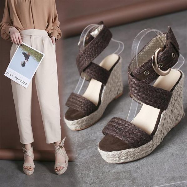 

sandals straw weaving leisure women wedges heeled shoes 2021 summer big size party platform one word buckles footwear, Black