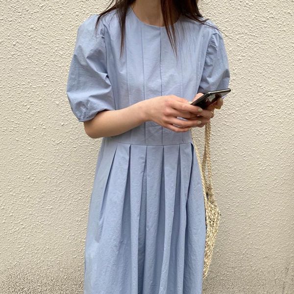 

casual dresses [ewq] puff sleeve knee-length dress 2021 spring o neck pleated high-waist ladies robe slim vestido blue2021 summer 16w672, Black;gray