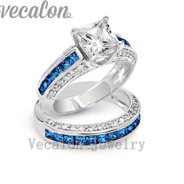 

wedding rings vecalon brand design 5a blue zircon cz band ring set for women 10kt white gold filled female engagement finger, Slivery;golden