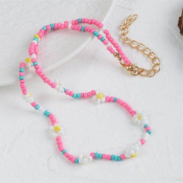 

korean style ladies trendy pink glass beads chain necklaces for women cute white beaded flower handmade necklace party jewelry, Silver