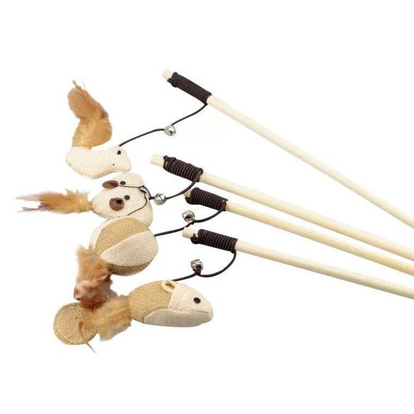

cat toys wooden stick for pet 40cm teaser feather catcher interactive wood rod mouse toy