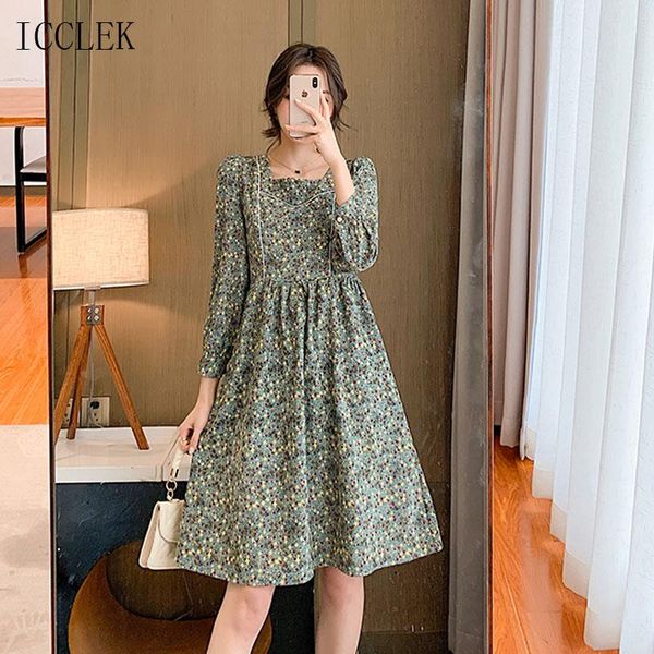 

one-piece korean square neck full sleeve high waist a-line dress female 2021 spring fall fashion corduroy floral midi casual dresses, Black;gray