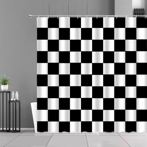 Tende da doccia Decorazioni scozzesi classiche in bianco e nero Motivo a strisce geometriche Tenda da bagno Schermo da bagno impermeabile Decorazioni per la casa