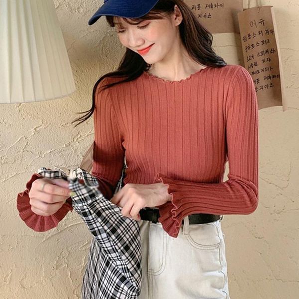

women's t-shirt round neck solid color t shirts fashion wild ruffles slim casual long sleeve base knit, White