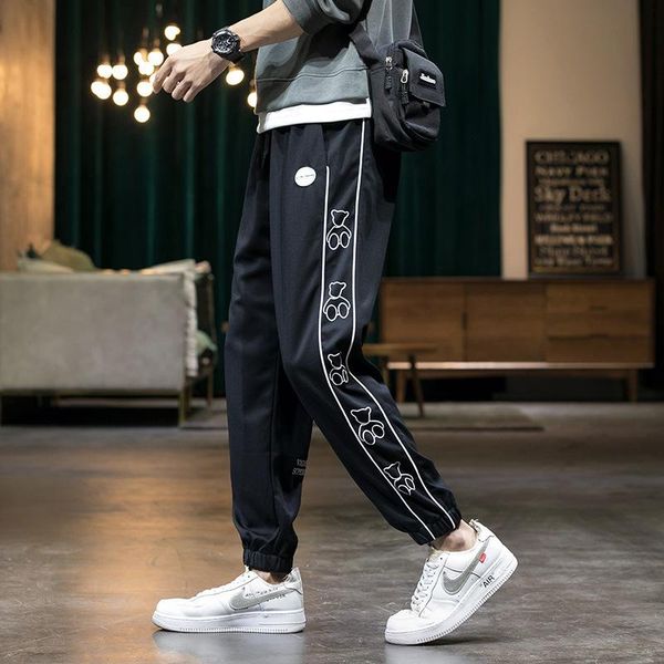 

mens pants streetwear 2021 summer casual sports capris youth bodyguard legged trendy breathable trouser joggers men, Black